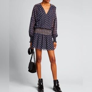 Ramy Brook New York 100% Silk blue geometric long Sleeve Mini Davey Dress, M